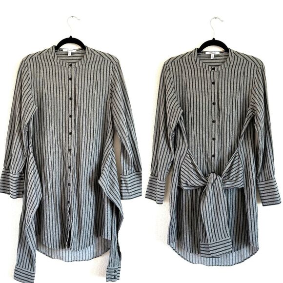 DEREK LAM 10 CROSBY Striped Tie Waist Mini Shirt Dress Long Slv Grey $395 - Picture 2 of 13